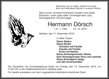 Traueranzeige von Hermann Dörsch von Frankenpost