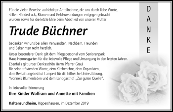 Traueranzeige von Trude Büchner von Südthüringer Presse