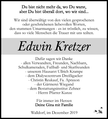 Traueranzeige von Edwin kretzer von Südthüringer Presse