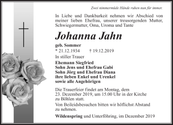 Traueranzeige von Johanna Jahn von Südthüringer Presse