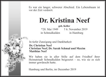 Traueranzeige von Kristina Neef von Südthüringer Presse