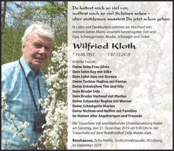Traueranzeige von Wilfried Kloth von Südthüringer Presse