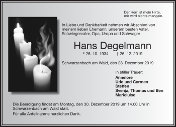 Traueranzeige von Hans Degelmann von Frankenpost