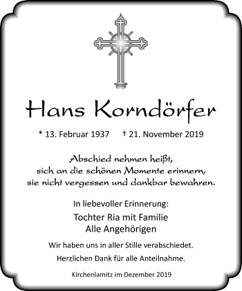 Traueranzeige von Hans Korndörfer von Frankenpost