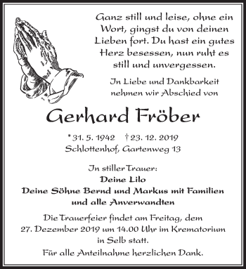 Traueranzeige von Gerhard Fröber von 23315