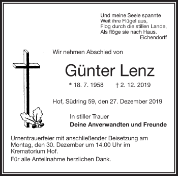 Traueranzeige von Günter Lenz von 23313