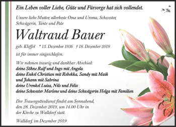 Traueranzeige von Waltraud Bauer von 23086