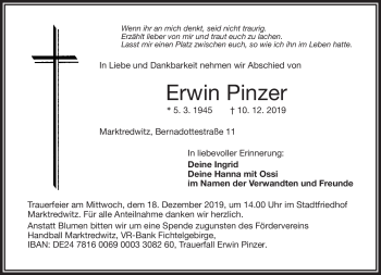 Traueranzeige von Erwin Pinzer von Frankenpost