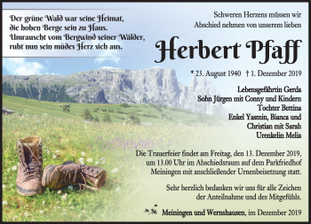 Traueranzeige von Herbert Pfaff von Südthüringer Presse