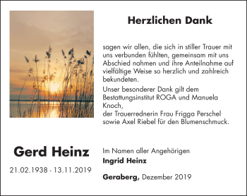 Traueranzeige von Gerd Heinz von Südthüringer Presse
