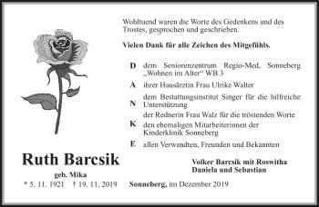 Traueranzeige von Ruth Barcsik von Südthüringer Presse