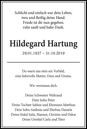 Traueranzeige von Hildegard Hartung von Südthüringer Presse