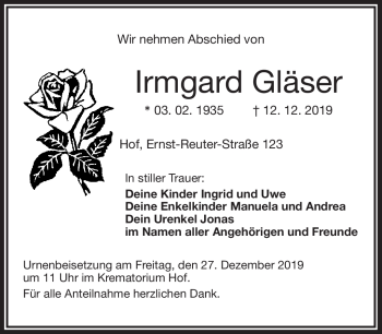 Traueranzeige von Irmgard Gläser von Frankenpost