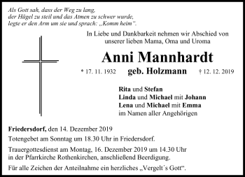 Traueranzeige von Ani Mannhardt von Neue Presse Coburg