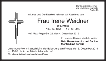 Traueranzeige von Irene Weidner von Frankenpost