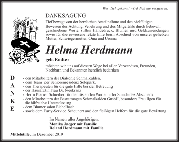 Traueranzeige von Helma Herdmann von Südthüringer Presse