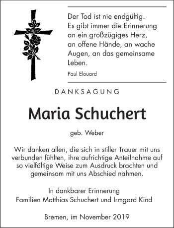 Traueranzeige von Maria Schuchert von Südthüringer Presse