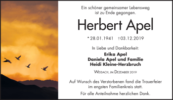 Traueranzeige von Herbert Apel von Neue Presse Coburg