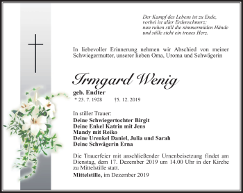 Traueranzeige von Irmgard Wenig von Südthüringer Presse