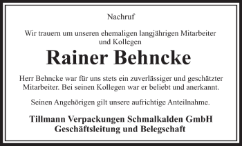 Traueranzeige von Rainer Behncke von Südthüringer Presse