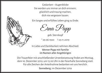 Traueranzeige von Erna Papp von Südthüringer Presse