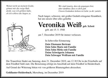 Traueranzeige von Veronika Weiß von Südthüringer Presse