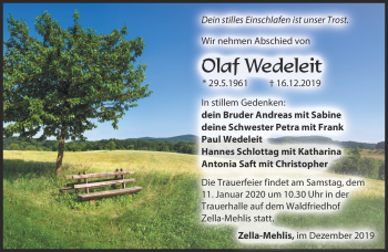 Traueranzeige von Olaf Wedeleit von Südthüringer Presse