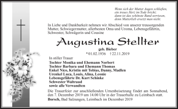 Traueranzeige von Augustina Stellter von Südthüringer Presse