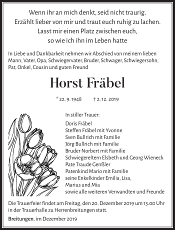 Traueranzeige von Horst Fräbel von Südthüringer Presse