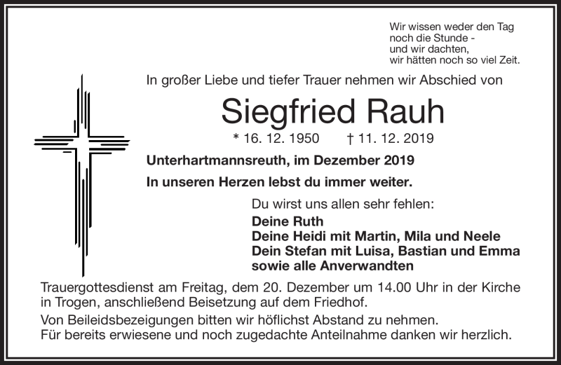  Traueranzeige für Siegfried Rauh vom 18.12.2019 aus Frankenpost