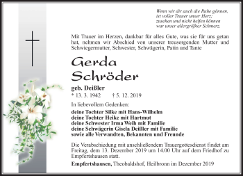 Traueranzeige von Gerda Schröder von Südthüringer Presse