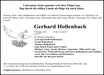 Traueranzeige von Gerhard Hollenbach von Südthüringer Presse
