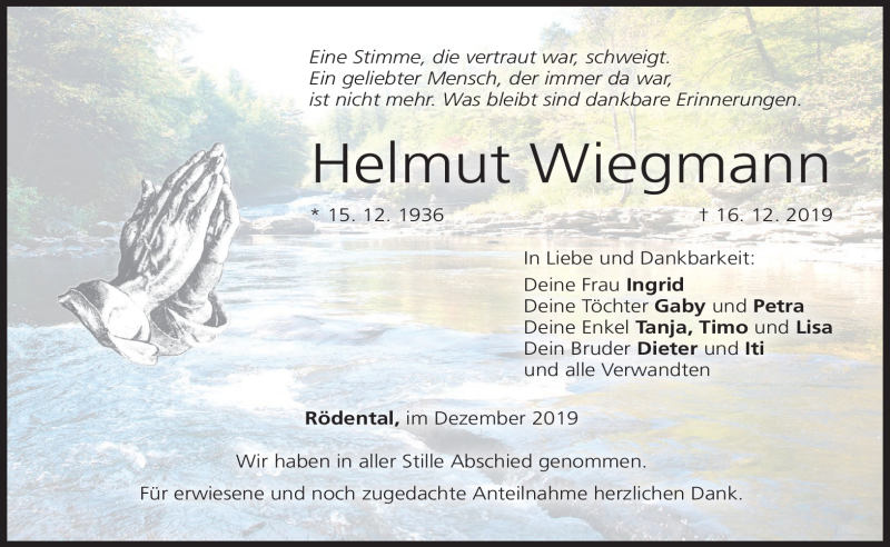  Traueranzeige für Helmut Wiegmann vom 28.12.2019 aus Neue Presse Coburg