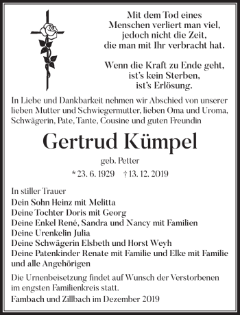 Traueranzeige von Gertrud Kümpel von Südthüringer Presse