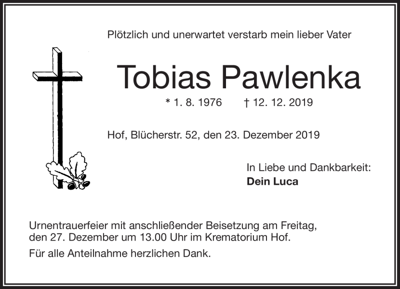  Traueranzeige für Tobias Pawlenka vom 23.12.2019 aus Frankenpost
