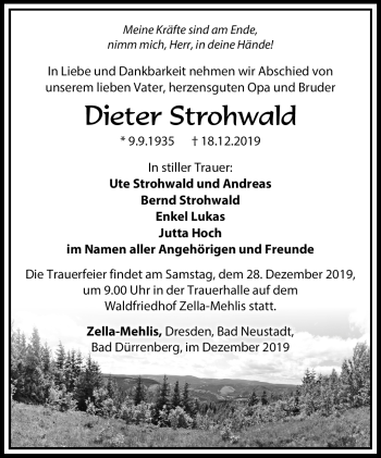 Traueranzeige von Dieter Strohwald von Südthüringer Presse