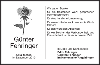 Traueranzeige von Günter Fehringer von Südthüringer Presse