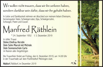 Traueranzeige von Manfred Räthlein von Südthüringer Presse