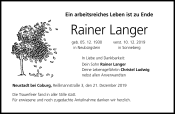 Traueranzeige von Rainer Langer von Neue Presse Coburg