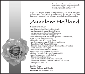 Traueranzeige von Annelore Heßland von Südthüringer Presse
