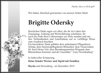 Traueranzeige von Brigitte Odersky von Südthüringer Presse