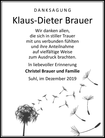 Traueranzeige von Klaus-Dieter Brauer von Südthüringer Presse