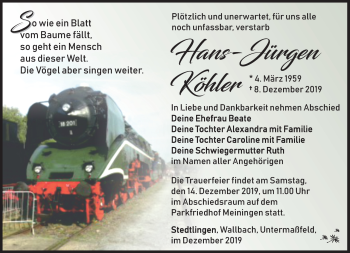 Traueranzeige von Hans-Jürgen Köhler von Südthüringer Presse