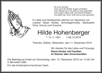 Traueranzeige von Hilde Hohenberger von Frankenpost