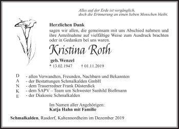 Traueranzeige von Kristina Roth von Südthüringer Presse