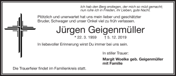 Traueranzeige von Jürgen Karl Heinz Geoigenmüller von Frankenpost