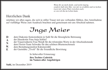Traueranzeige von Inge Meier von Südthüringer Presse