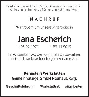 Traueranzeige von Jana Escherich von Südthüringer Presse