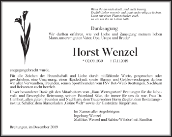 Traueranzeige von Horst Wenzel von Südthüringer Presse