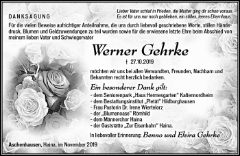 Traueranzeige von Werner Gehrke von Südthüringer Presse